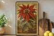 a framed illustration of a large red poinsettia flower on a shelf, surrounded by various kitchen utensils and a potted plant.