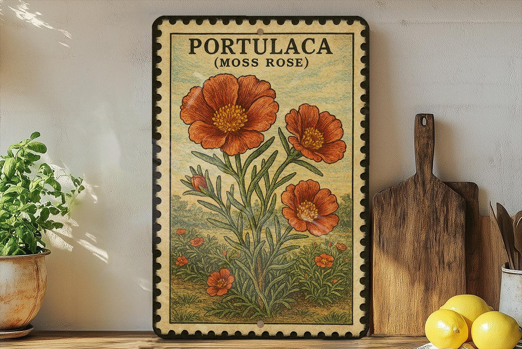 A vintage-style metal sign with a floral illustration of a moss rose plant, placed on a wooden shelf next to a wooden cutting board and a potted plant.