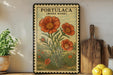 A vintage-style metal sign with a floral illustration of a moss rose plant, placed on a wooden shelf next to a wooden cutting board and a potted plant.