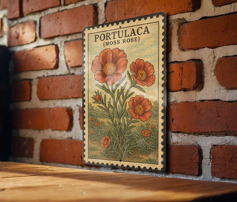A vintage-style botanical illustration of a moss rose plant is displayed on a brick wall, mounted on a wooden surface.