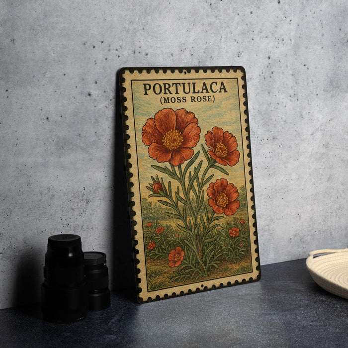 A vintage-style metal sign with a floral illustration of moss roses, placed on a dark surface next to some black camera lenses.