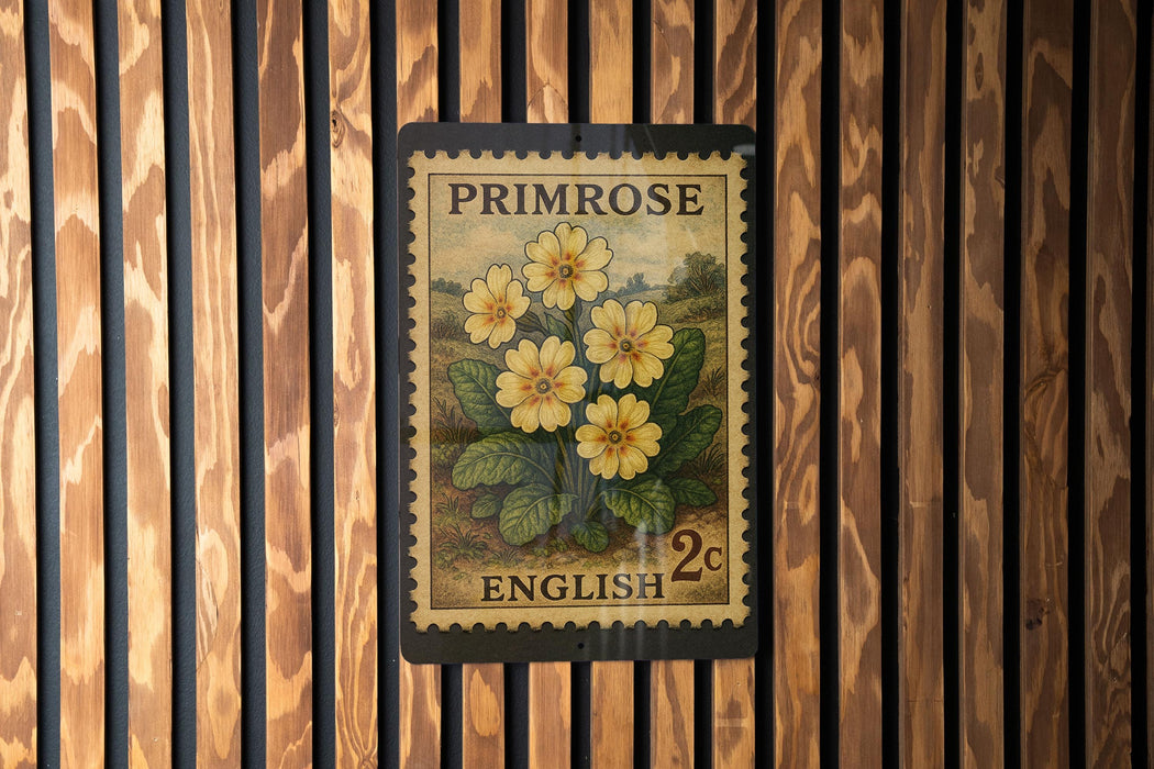 A vintage-style postage stamp from the United Kingdom, featuring a floral design with yellow flowers, mounted on a wooden wall.