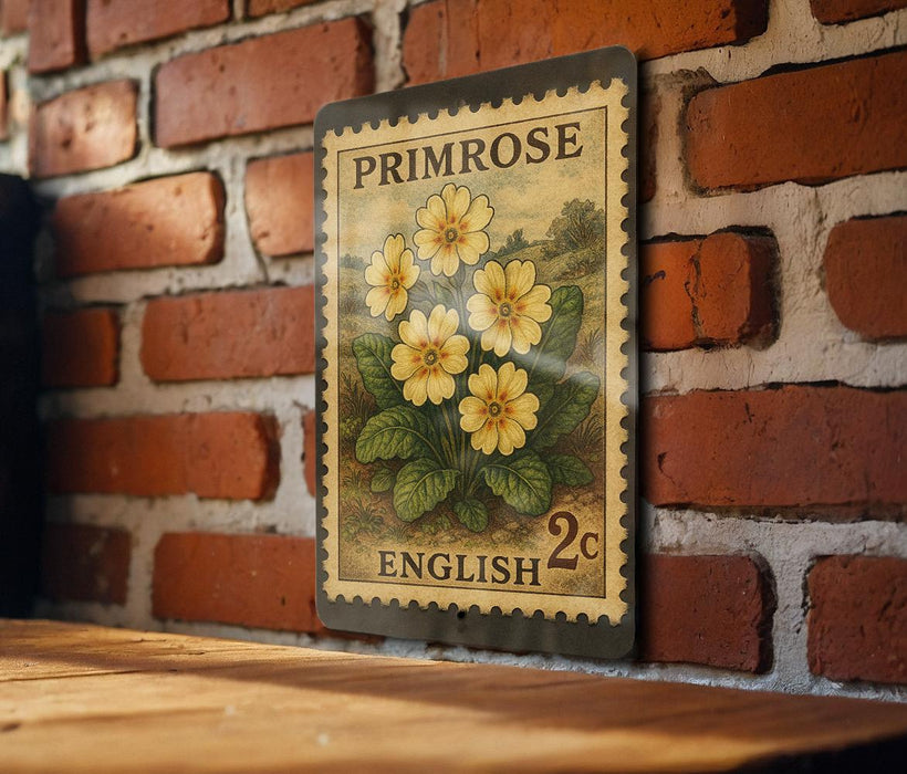 A vintage-style metal stamp depicting yellow flowers on a brick wall, with the text "PRIMROSE ENGLISH 2c" printed on it.