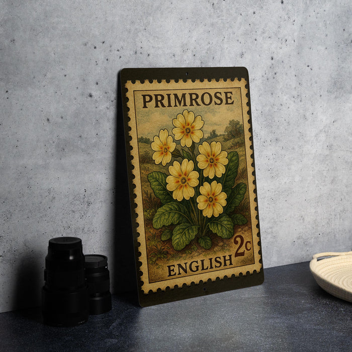 A metal sign with a floral design and text, likely a postage stamp, is displayed on a table next to some black camera lenses.