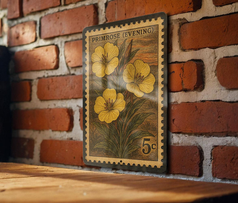 A vintage-style postage stamp featuring a yellow flower on a brick wall.