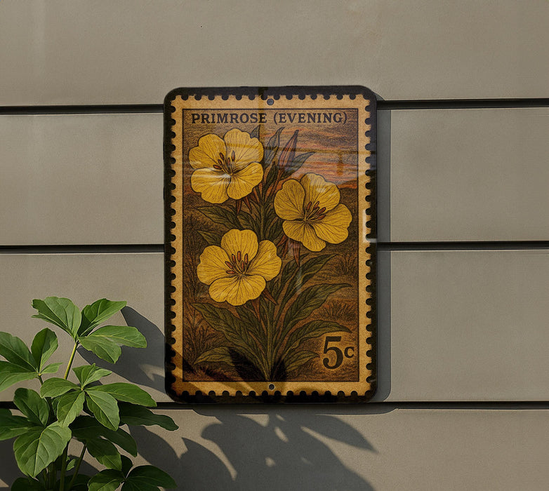 A vintage-style postage stamp featuring a yellow flower design, mounted on a wall next to a plant.