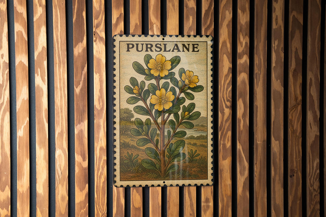 A framed illustration of a plant with yellow flowers is hanging on a wooden wall.