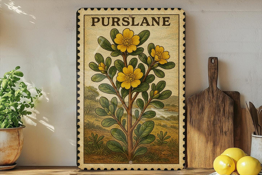 A framed illustration of a yellow flower plant with green leaves, displayed on a shelf next to a wooden cutting board and a potted plant.