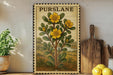 A framed illustration of a yellow flower plant with green leaves, displayed on a shelf next to a wooden cutting board and a potted plant.
