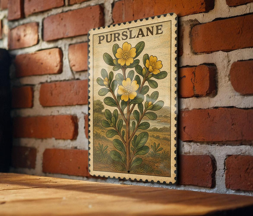 A framed illustration of a plant with yellow flowers is hanging on a brick wall.