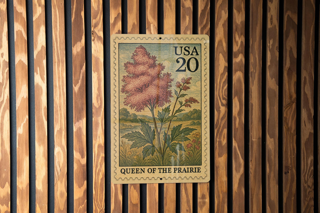 A USA 20 postage stamp featuring a floral illustration of a plant, with the text "Queen of the Prairie" printed on it.