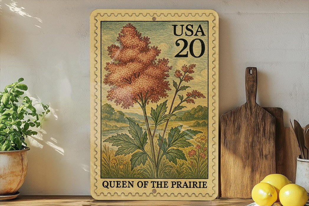 A framed U.S. postage stamp depicting a red flower, with the text "Queen of the Prairie" printed on it, placed on a shelf next to a wooden cutting board and a potted plant.