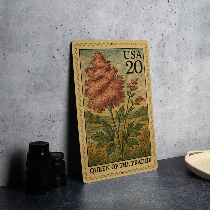 A wooden postcard with a floral design and text, sitting on a table next to some black camera lenses.