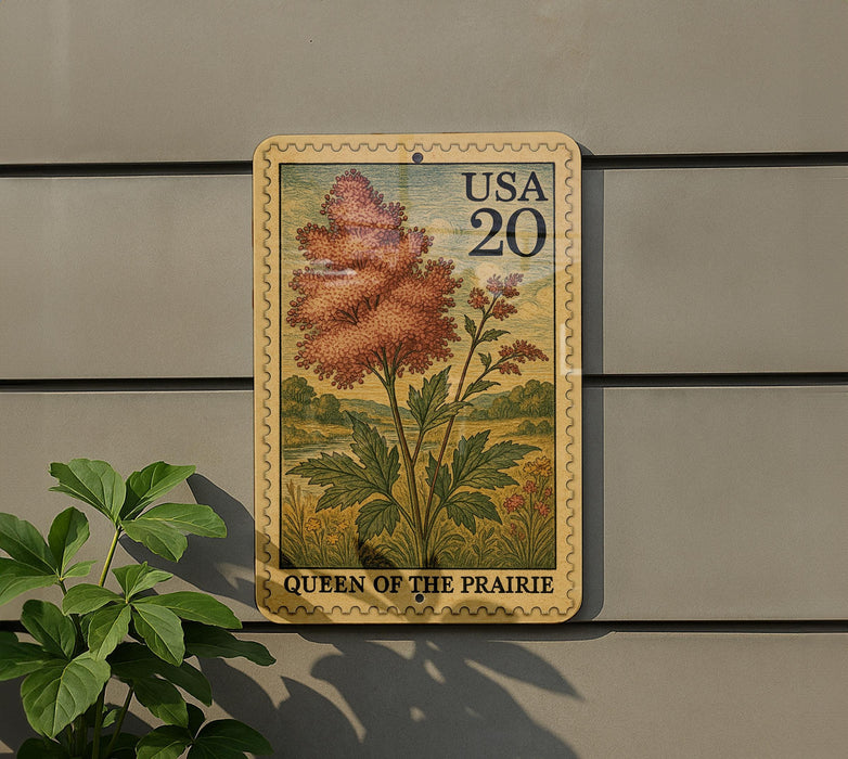 A postage stamp featuring a floral design with the text "USA 20" and "Queen of the Prairie" printed on it, mounted on a wall next to a plant.