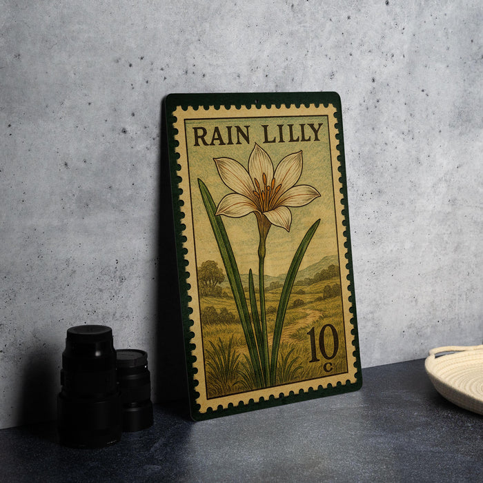 A framed print of a lily flower on a postage stamp, placed on a table next to some black camera lenses.