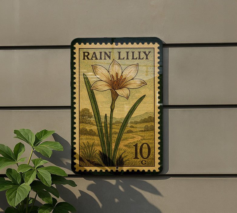 A postage stamp featuring a lily flower is displayed on a wall, with a plant visible to the left.