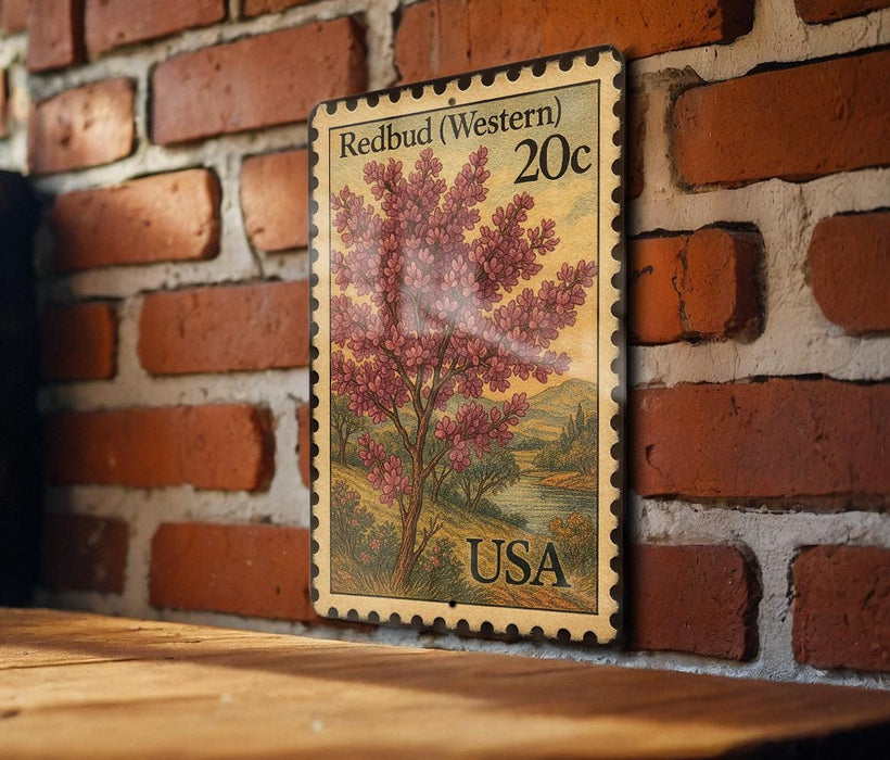 A vintage-style postage stamp featuring a tree with pink flowers, mounted on a brick wall.