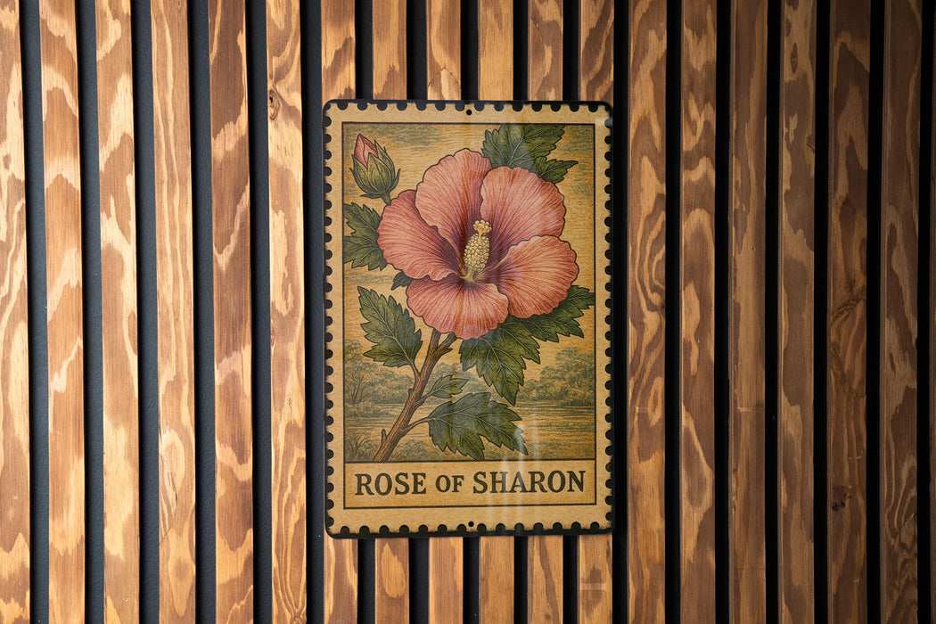 A vintage-style metal sign with a floral illustration and the text "ROSE OF SHARON" is displayed on a wooden wall.