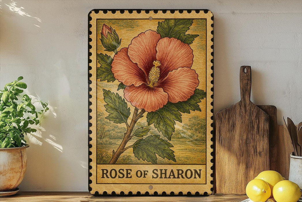 A framed illustration of a large pink hibiscus flower is displayed on a shelf, accompanied by a wooden cutting board and a potted plant.