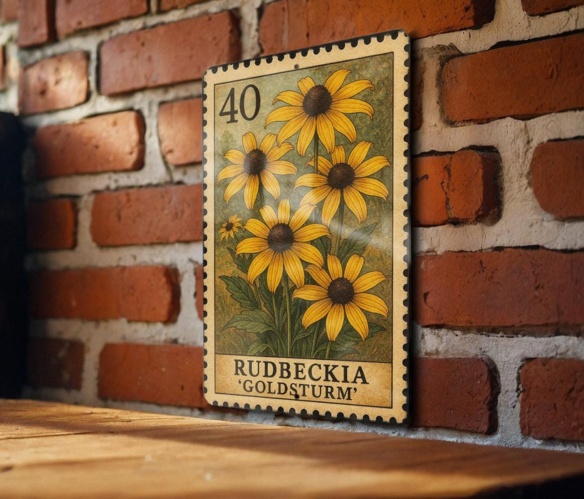 A vintage postage stamp featuring a vibrant illustration of yellow sunflowers is displayed on a brick wall.