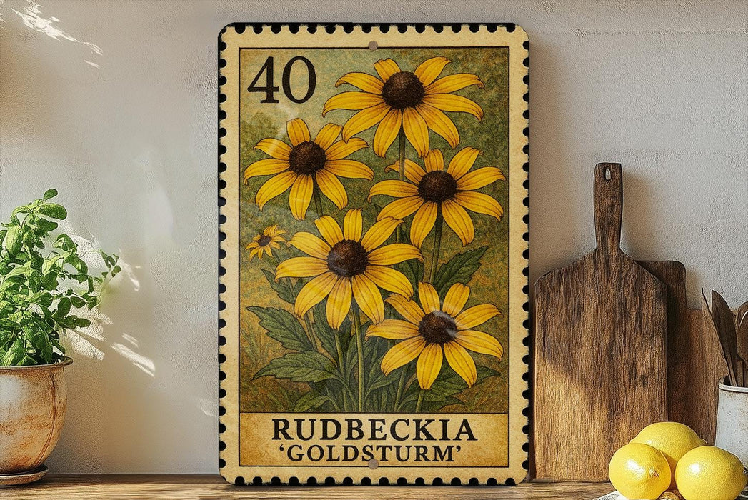 A framed print of a yellow flower with the text "Rudbeckia 'Goldstorm'", placed on a shelf next to a wooden cutting board and a potted plant.