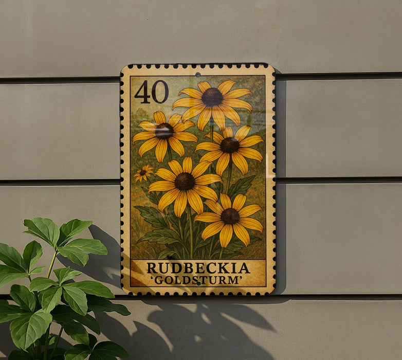A postage stamp featuring a vibrant yellow sunflower is displayed on a wall, with a plant to the left.