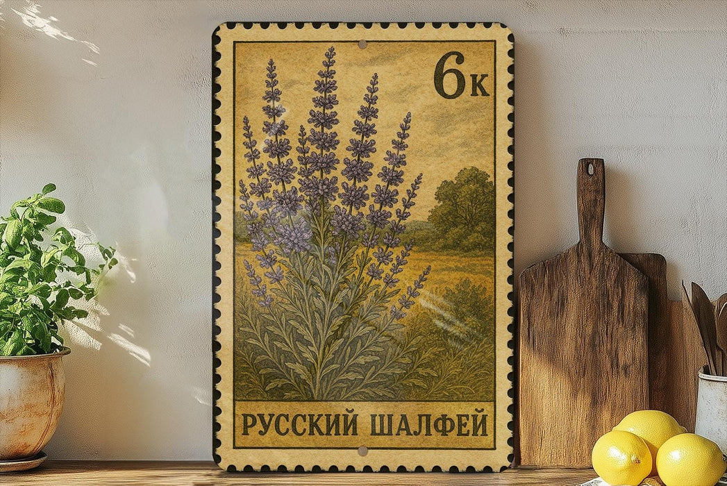 a framed stamp with a floral design, placed on a shelf next to a wooden cutting board and some potted plants.
