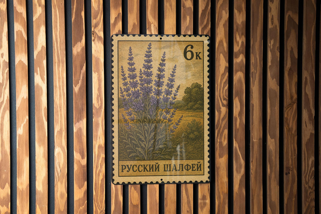 A 6-k stamp featuring a floral design is displayed on a wooden wall.
