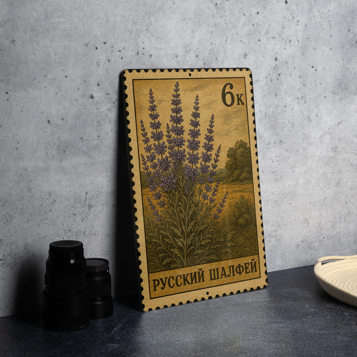 A vintage-style postage stamp featuring a lavender plant on a wooden frame, placed on a gray surface next to some black camera lenses.