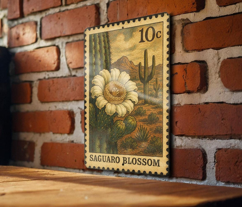 A 10c postage stamp from Saguaro, featuring a cactus flower and desert landscape, is displayed on a brick wall.