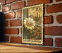 A 10c postage stamp from Saguaro, featuring a cactus flower and desert landscape, is displayed on a brick wall.