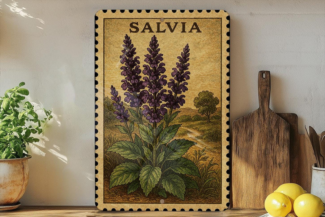 A framed illustration of purple flowers is displayed on a shelf, accompanied by a wooden cutting board, a potted plant, and a bowl of lemons.