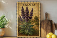 A framed illustration of purple flowers is displayed on a shelf, accompanied by a wooden cutting board, a potted plant, and a bowl of lemons.