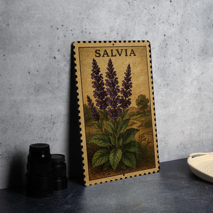 A framed botanical illustration of purple flowers is displayed on a gray wall, accompanied by a small white dish and a stack of black camera lenses.