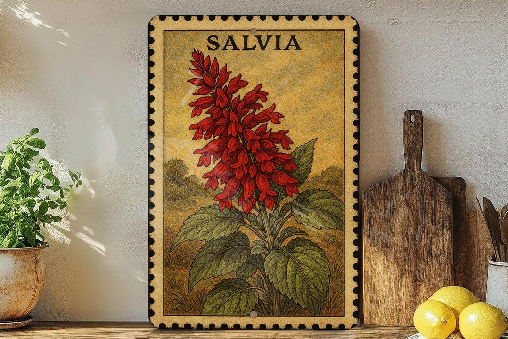 A framed illustration of a red flower is displayed on a shelf, accompanied by a wooden cutting board, a potted plant, and a bowl of lemons.