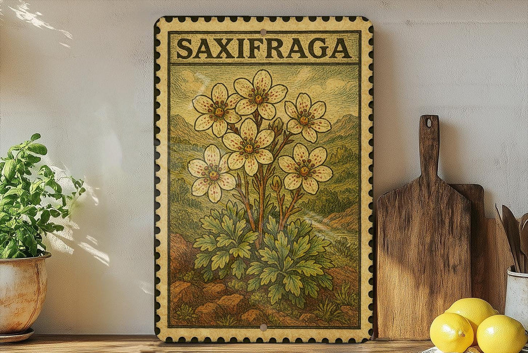 a framed illustration of a flower with the word "SAXIFRAGA" on it, placed on a shelf next to a wooden cutting board and some potted plants.