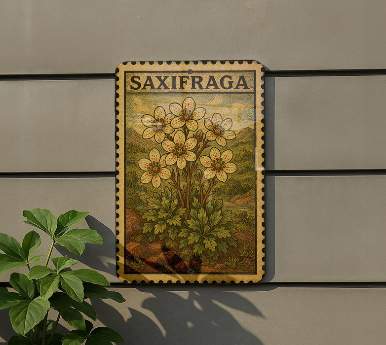 a decorative metal plaque with a floral design, mounted on a wall next to a plant.