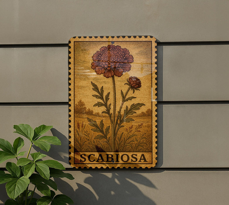 a wooden sign with a floral design, mounted on a wall next to a plant.