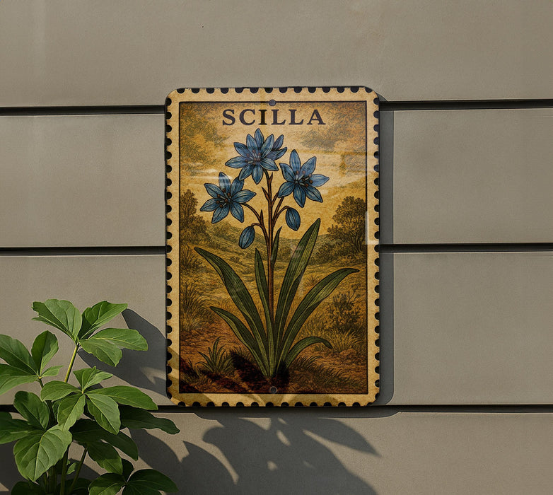 a decorative metal plaque with a floral illustration of blue flowers, mounted on a wall next to a plant.