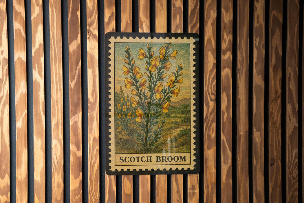 A framed image of a scotch broom plant is displayed on a wooden wall.