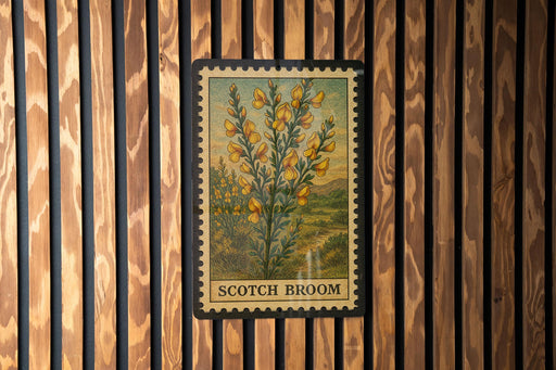 A framed image of a scotch broom plant is displayed on a wooden wall.