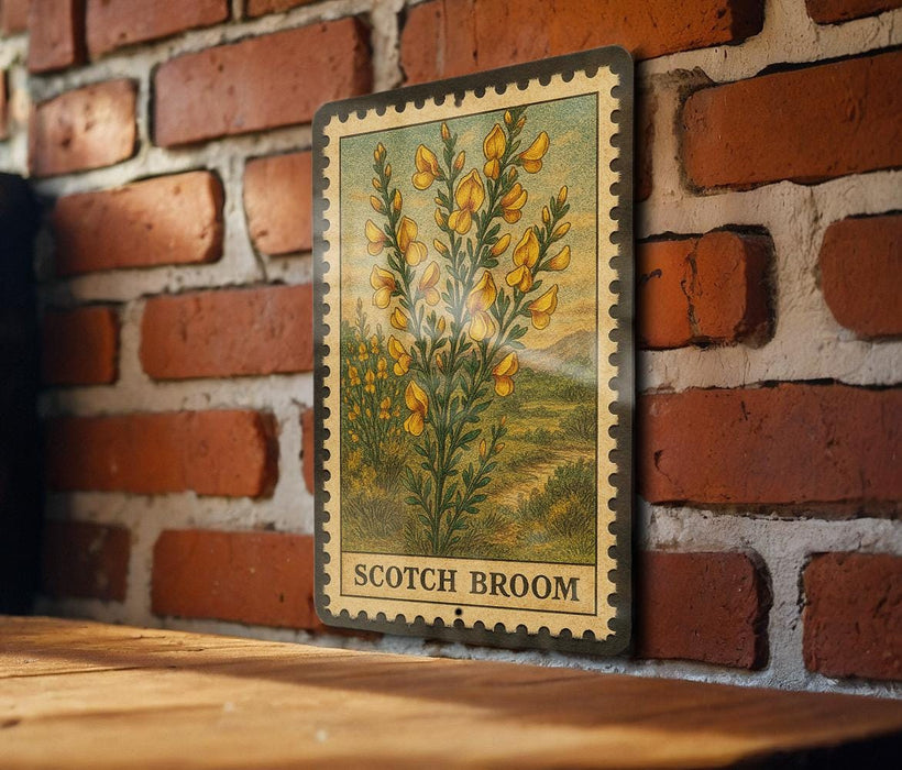 A metal stamp with a floral illustration is displayed on a brick wall.