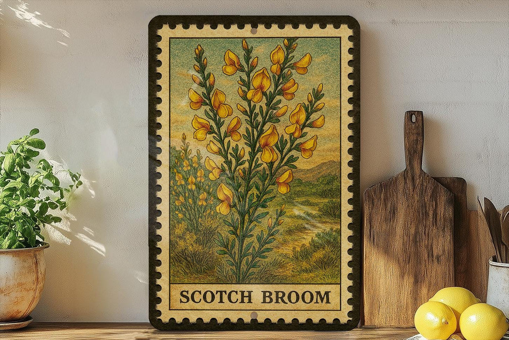 A framed illustration of a scotch broom plant is displayed on a shelf, accompanied by a wooden cutting board, a potted plant, and some lemons.