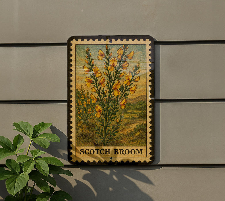 A framed illustration of a Scotch broom plant is displayed on a wall, with a plant to the left of the frame.