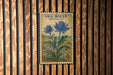 A vintage postage stamp from Sea Holly Eryngium, featuring a blue flower with green leaves, is displayed on a wooden wall.