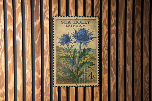 A vintage postage stamp from Sea Holly Eryngium, featuring a blue flower with green leaves, is displayed on a wooden wall.