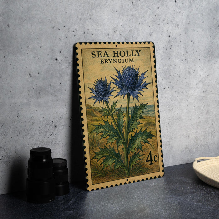 A metal stamp featuring a blue thistle flower and the text "SEA HOLLY ERYNGIUM" is displayed on a table.