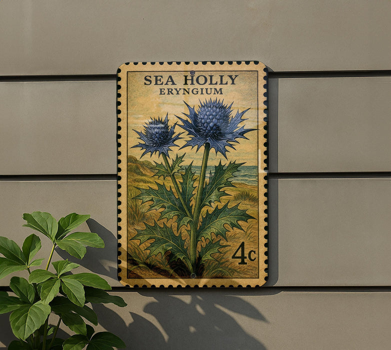 a postage stamp with a floral design, mounted on a wall next to a plant.