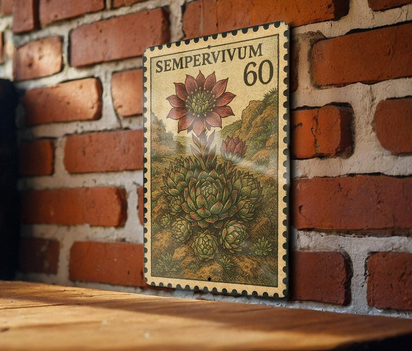 a vintage-style postage stamp with a floral design, mounted on a brick wall.