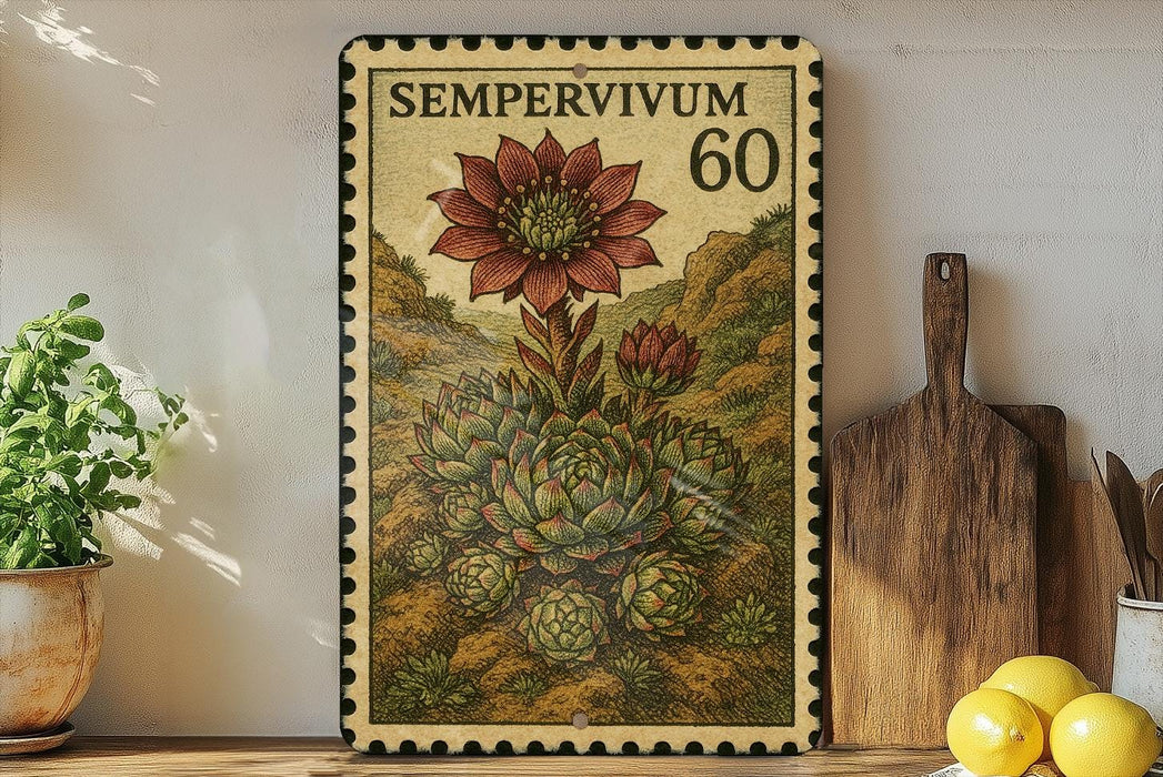a vintage-style metal stamp with a floral design, placed on a wooden surface next to a potted plant and a wooden cutting board.
